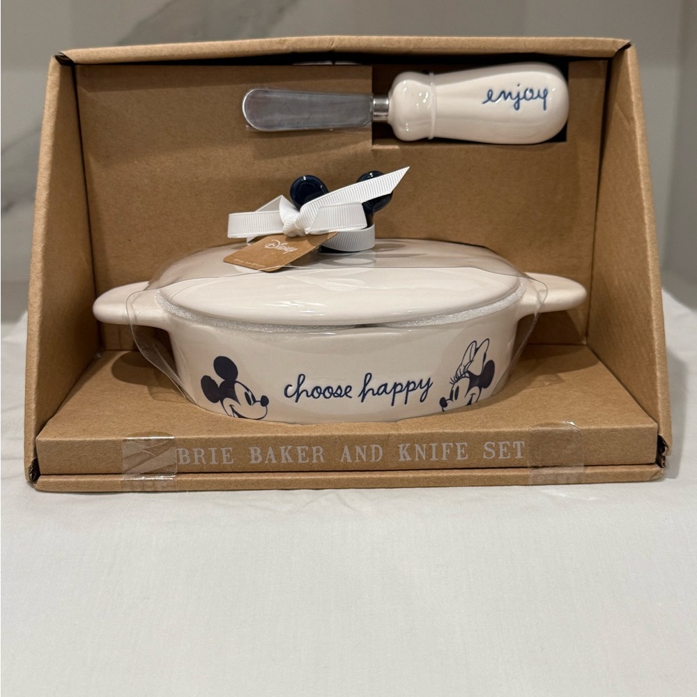Rae Dunn Disney Mickey and Minnie Mouse Brie Baker and Knife Set